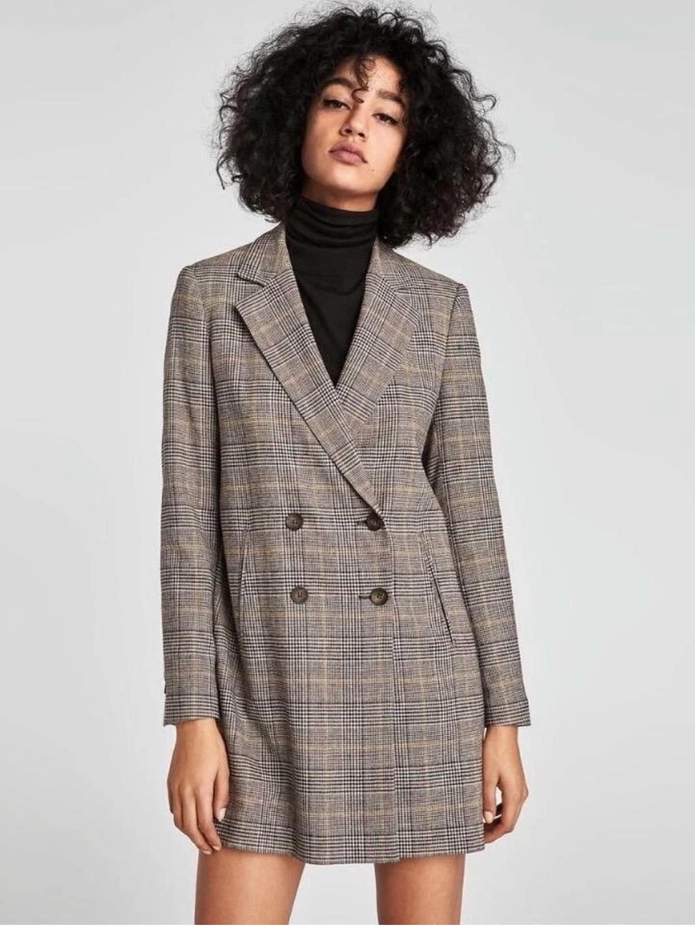 🌻Zara Basic Check Print Blazer Coat Double Breasted Lapel Long Sleeve Plaid XS